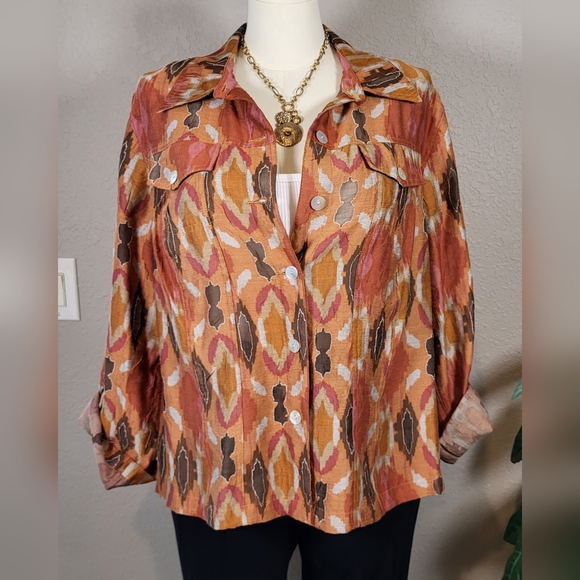 RUBY RD. Rust Southwestern Print Button Up Shirt Jacket  - Plus Size 18W - Picture 2 of 11